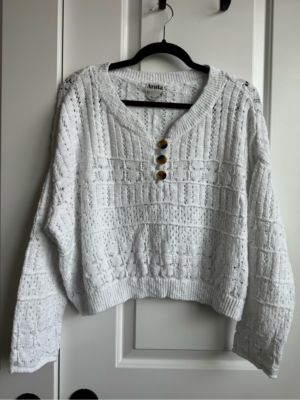 Arula White Open Knit Pointelle Cropped Henley Sweater L/XL